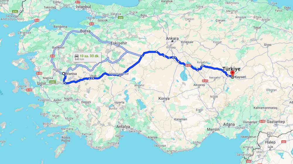 Manisa Kayseri arası kaç km? Kayseri Manisa arası kaç saat?