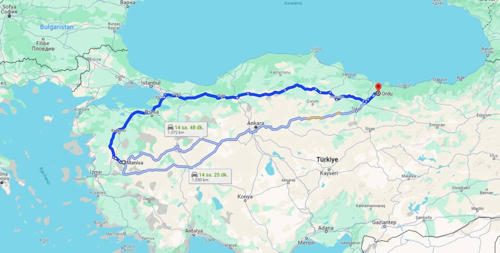 Manisa Ordu arası kaç km? Ordu Manisa arası kaç saat?