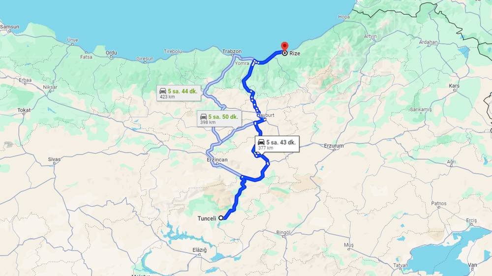 Tunceli Rize arası kaç km? Rize Tunceli arası kaç saat?