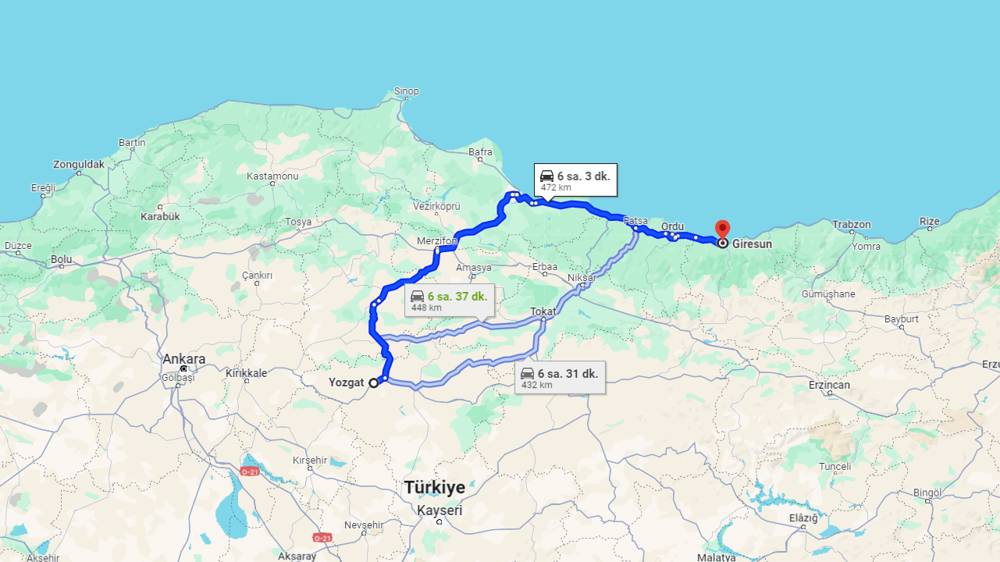 Yozgat Giresun arası kaç km? Giresun Yozgat arası kaç saat?