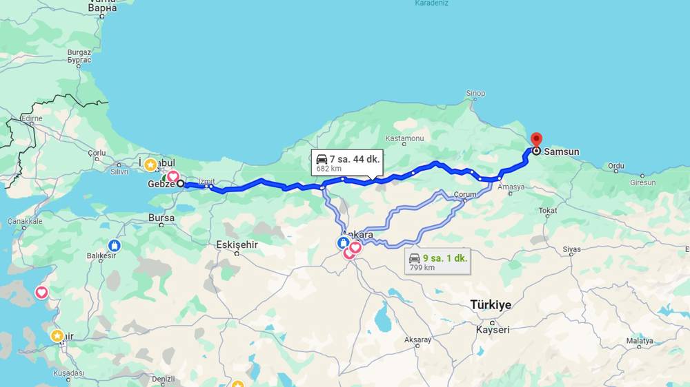 Gebze Samsun arası kaç km? Samsun Gebze arası kaç saat?