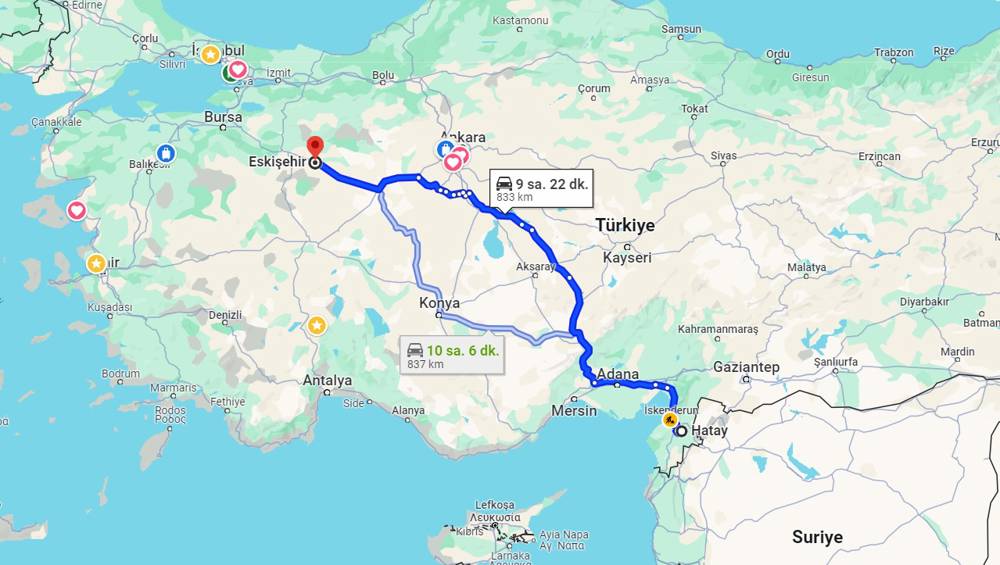 Hatay Eskişehir arası kaç km? Eskişehir Hatay arası kaç saat?