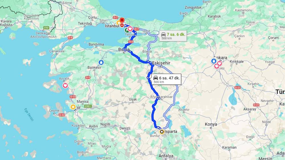 Isparta İstanbul arası kaç km? İstanbul Isparta arası kaç saat?