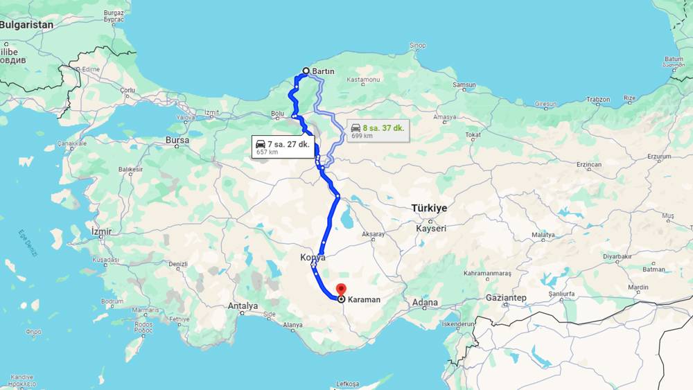 Bartın Karaman arası kaç km? Karaman Bartın arası kaç saat?