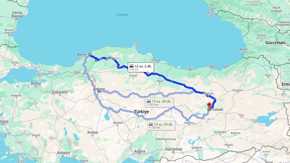 Bartın Tunceli arası kaç km? Tunceli Bartın arası kaç saat?