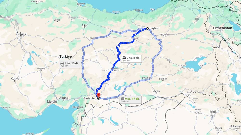 Bayburt Gaziantep arası kaç km? Gaziantep Bayburt arası kaç saat?