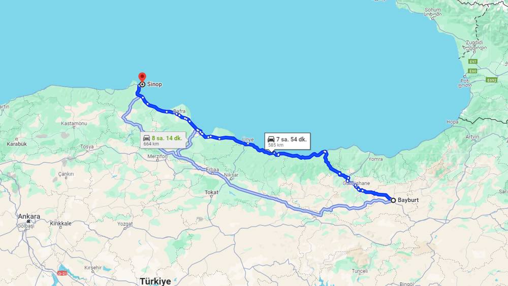 Bayburt Sinop arası kaç km? Sinop Bayburt arası kaç saat?