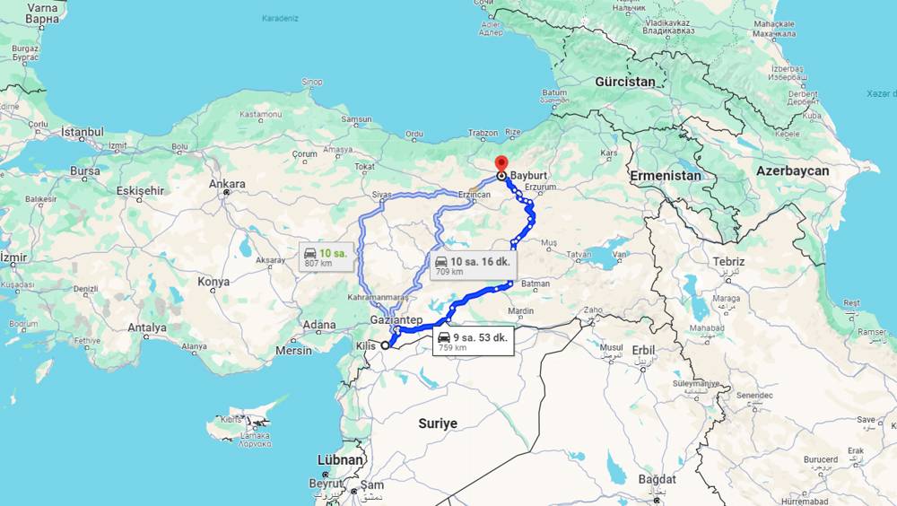 Kilis Bayburt arası kaç km? Bayburt Kilis arası kaç saat?