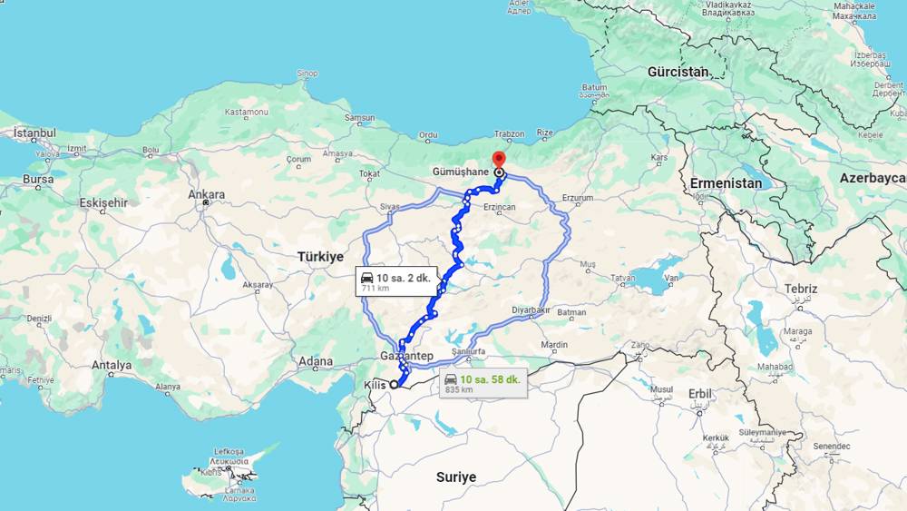 Kilis Gümüşhane arası kaç km? Gümüşhane Kilis arası kaç saat?