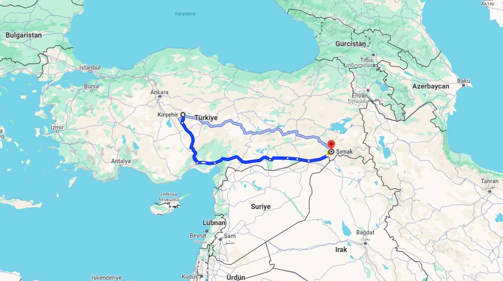 Kırşehir Şırnak arası kaç km? Şırnak Kırşehir arası kaç saat?