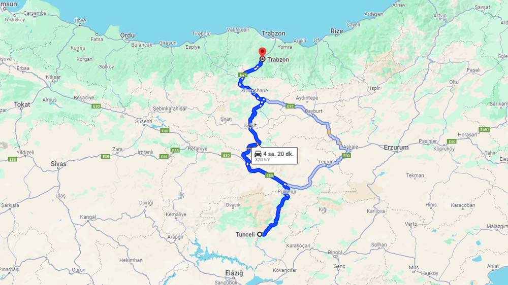 Tunceli Trabzon arası kaç km? Trabzon Tunceli arası kaç saat?