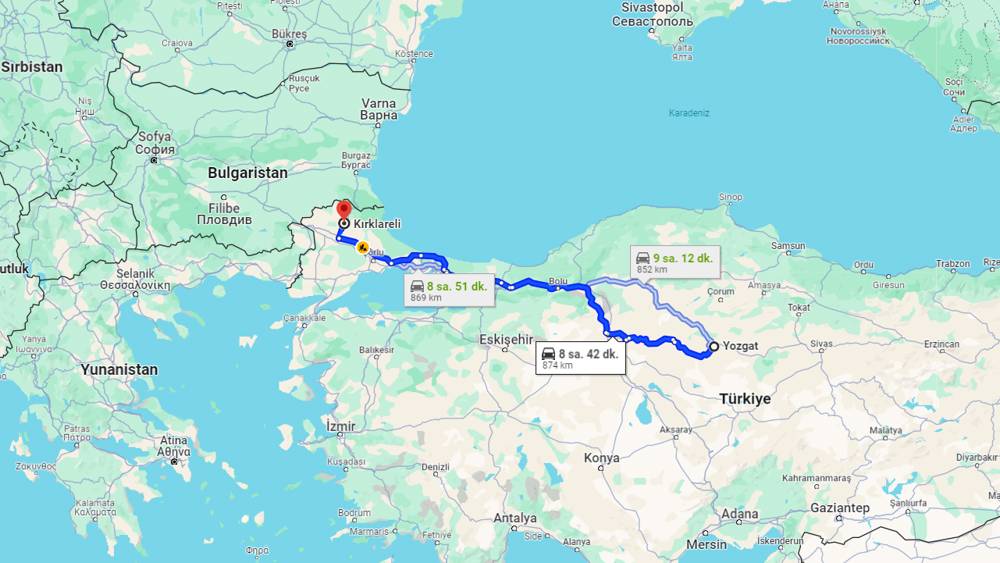 Yozgat Kırklareli arası kaç km? Kırklareli Yozgat arası kaç saat?