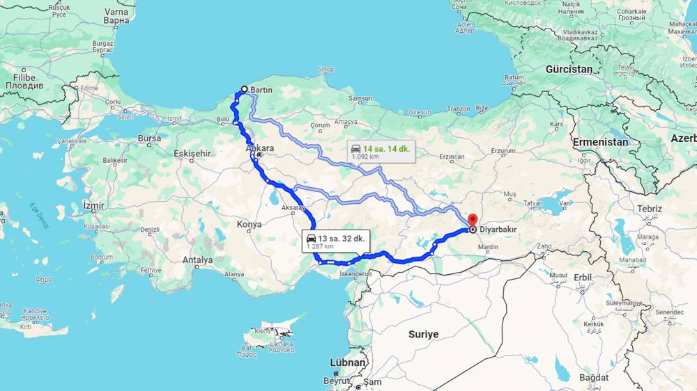 Bartın Diyarbakır arası kaç km? Diyarbakır Bartın arası kaç saat?