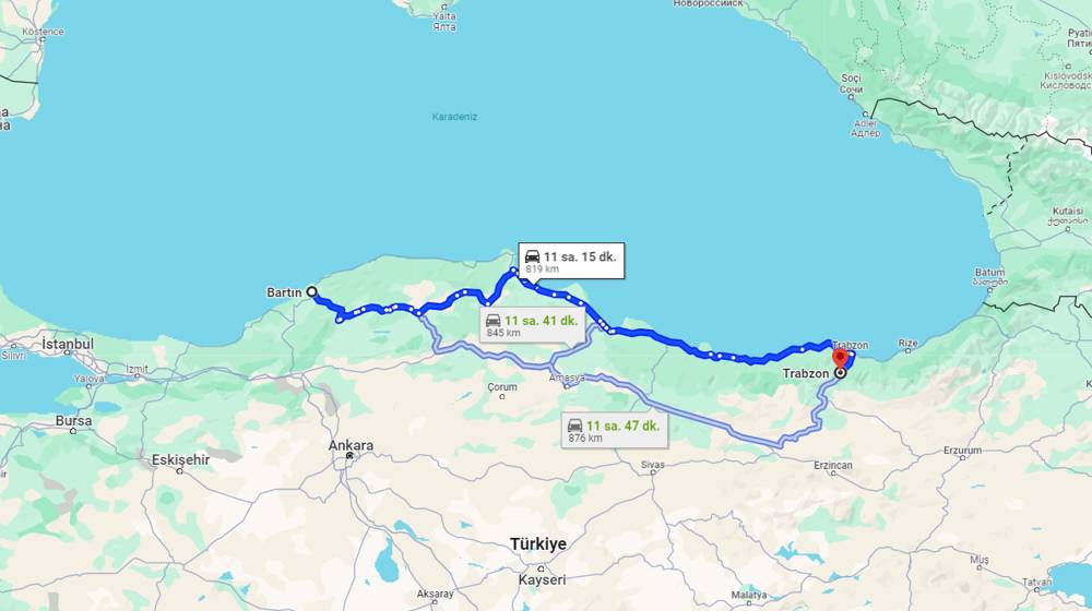 Bartın Trabzon arası kaç km? Trabzon Bartın arası kaç saat?