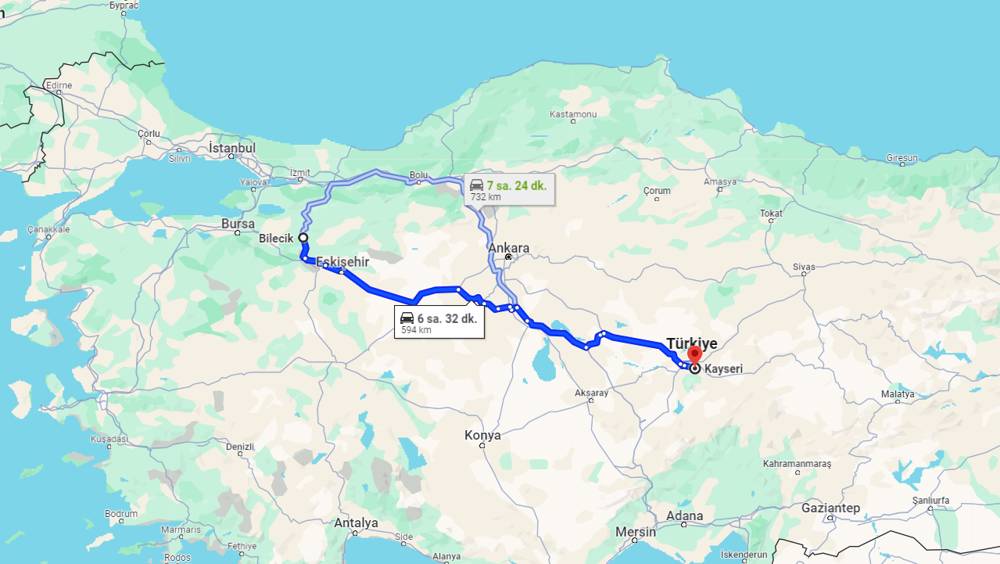 Bilecik Kayseri arası kaç km? Kayseri Bilecik arası kaç saat?