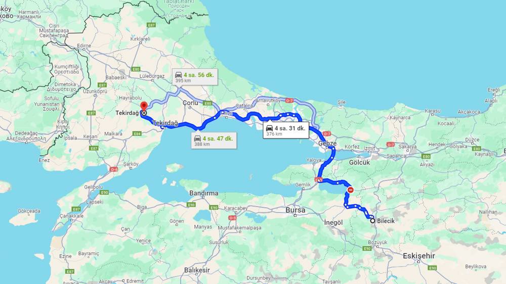 Bilecik Tekirdağ arası kaç km? Tekirdağ Bilecik arası kaç saat?