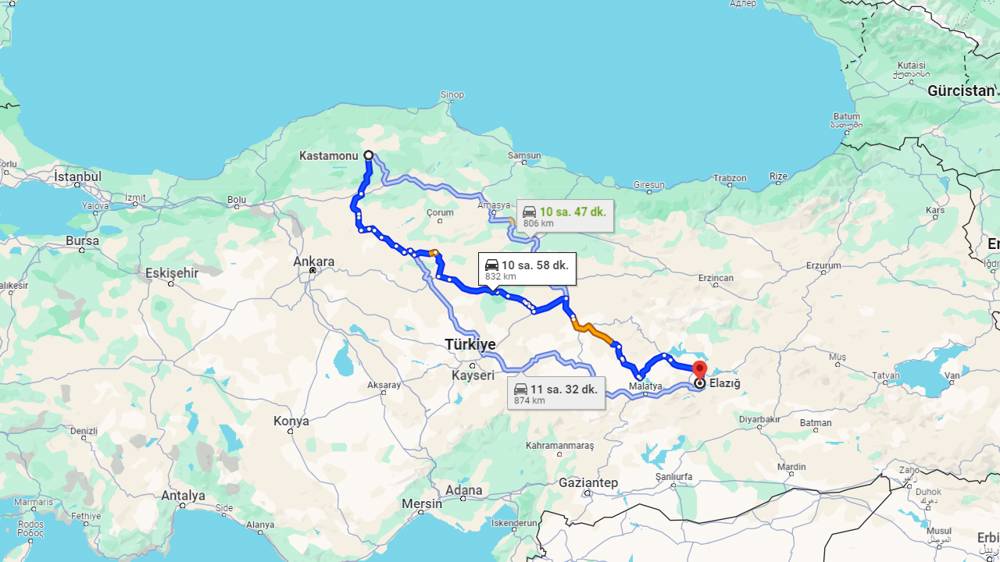 Kastamonu Elazığ arası kaç km? Elazığ Kastamonu arası kaç saat?