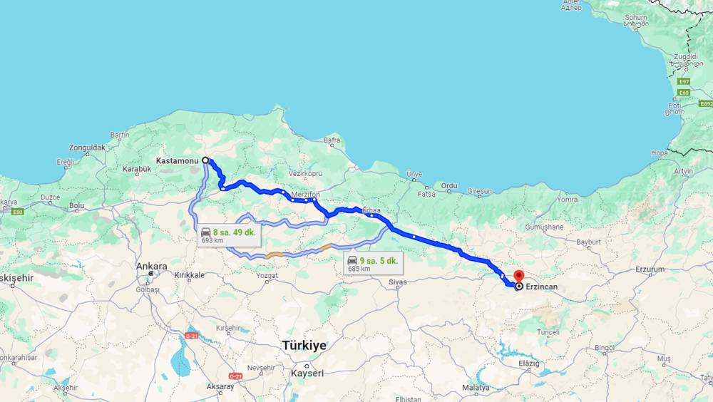 Kastamonu Erzincan arası kaç km? Erzincan Kastamonu arası kaç saat?