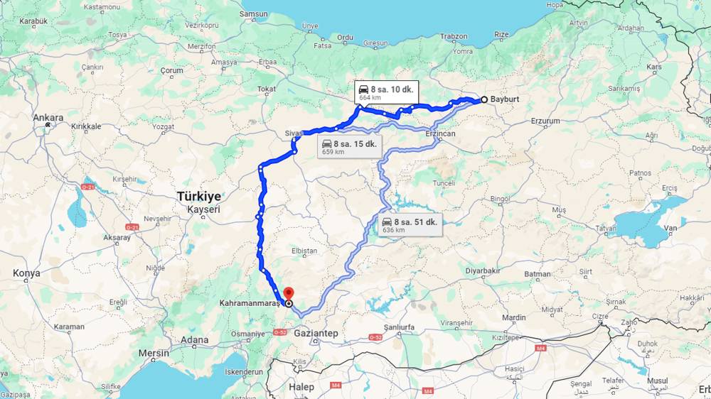 Bayburt Kahramanmaraş arası kaç km? Kahramanmaraş Bayburt arası kaç saat?