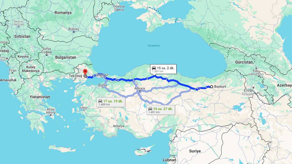 Bayburt Tekirdağ arası kaç km? Tekirdağ Bayburt arası kaç saat?