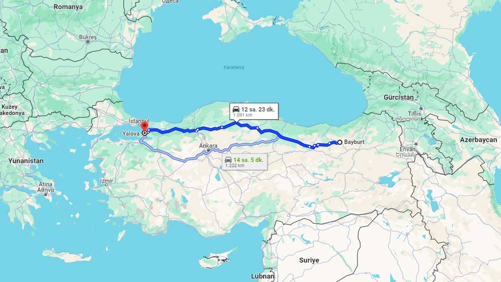 Bayburt Yalova arası kaç km? Yalova Bayburt arası kaç saat?