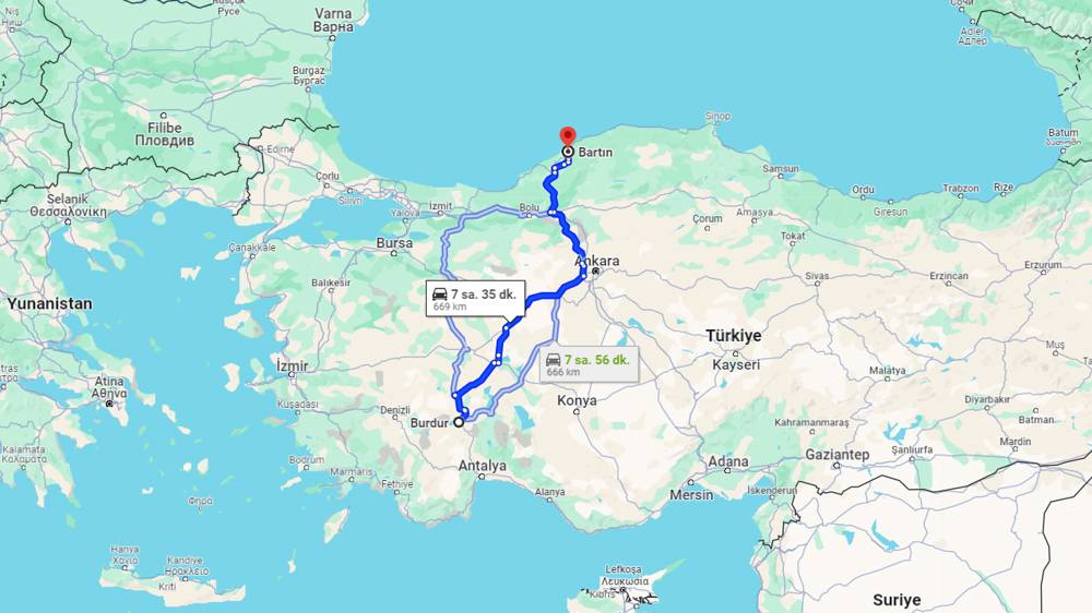 Burdur Bartın arası kaç km? Bartın Burdur arası kaç saat?