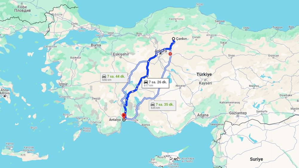 Çankırı Antalya arası kaç km? Antalya Çankırı arası kaç saat?