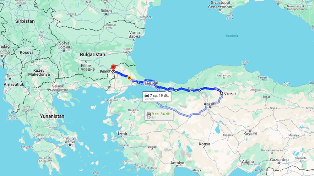 Çankırı Edirne arası kaç km? Edirne Çankırı arası kaç saat?