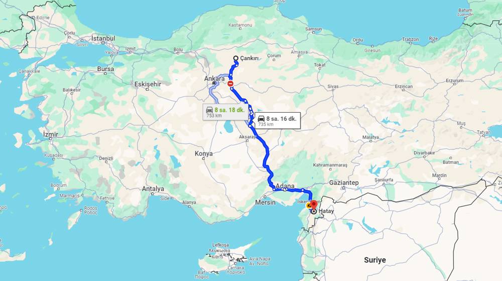 Çankırı Hatay arası kaç km? Hatay Çankırı arası kaç saat?