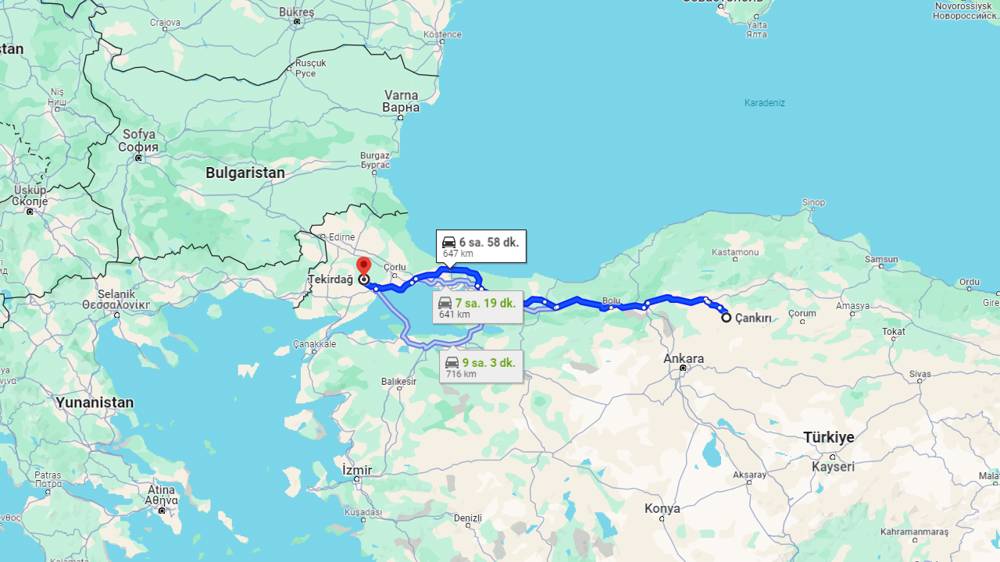 Çankırı Tekirdağ arası kaç km? Tekirdağ Çankırı arası kaç saat?