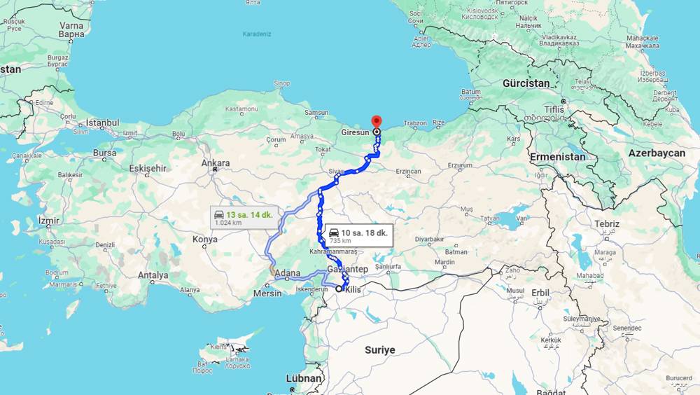 Kilis Giresun arası kaç km? Giresun Kilis arası kaç saat?