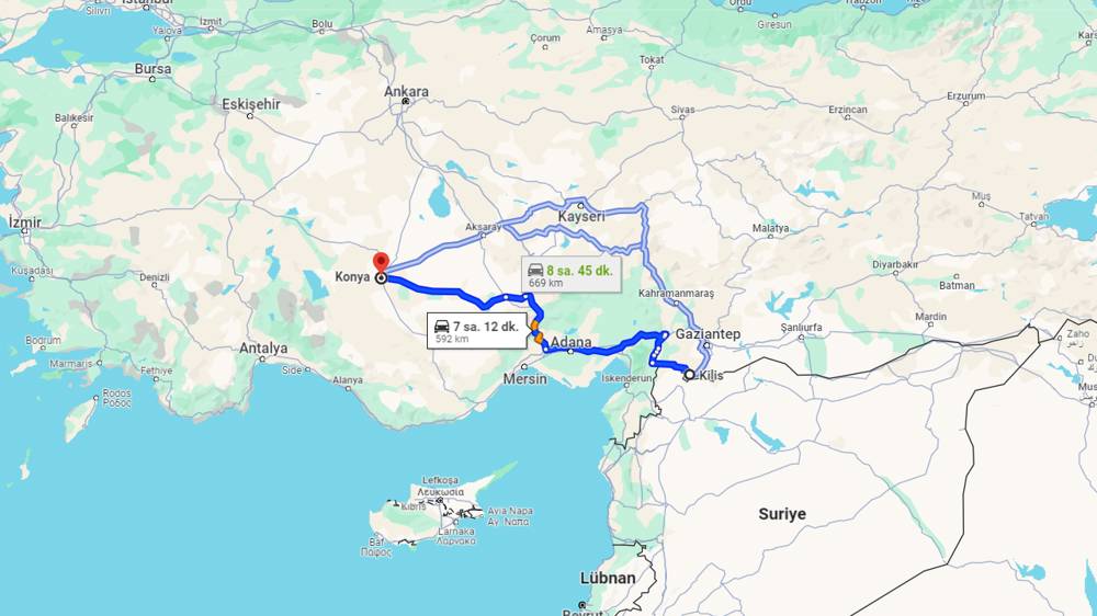 Kilis Konya arası kaç km? Konya Kilis arası kaç saat?