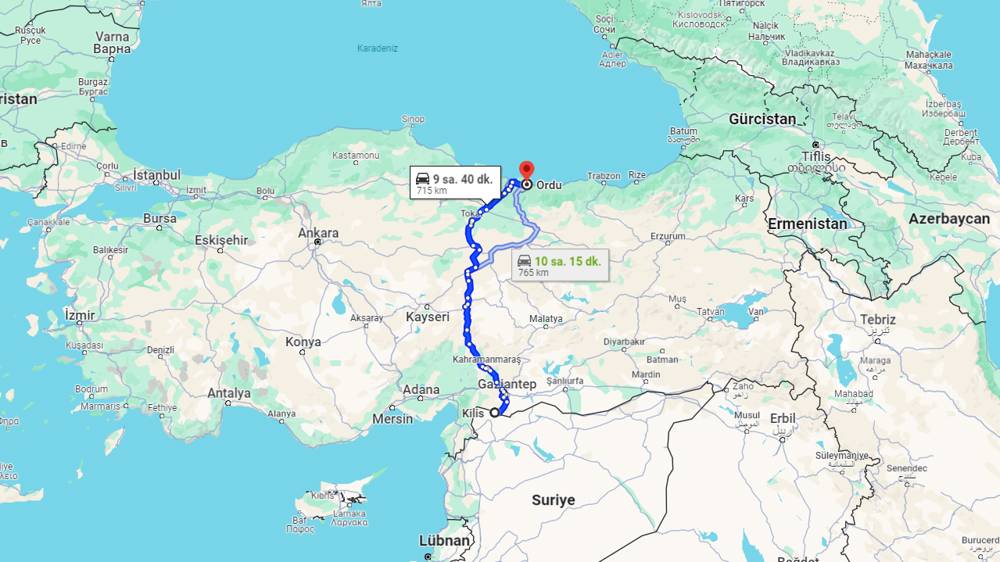 Kilis Ordu arası kaç km? Ordu Kilis arası kaç saat?