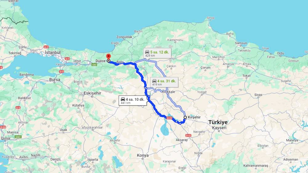 Kırşehir Düzce arası kaç km? Düzce Kırşehir arası kaç saat?