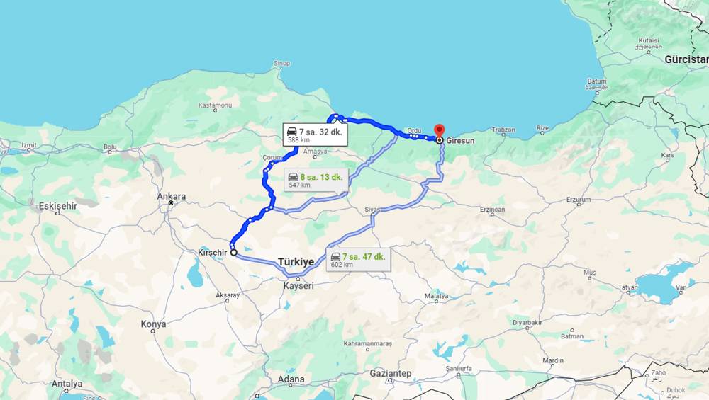 Kırşehir Giresun arası kaç km? Giresun Kırşehir arası kaç saat?