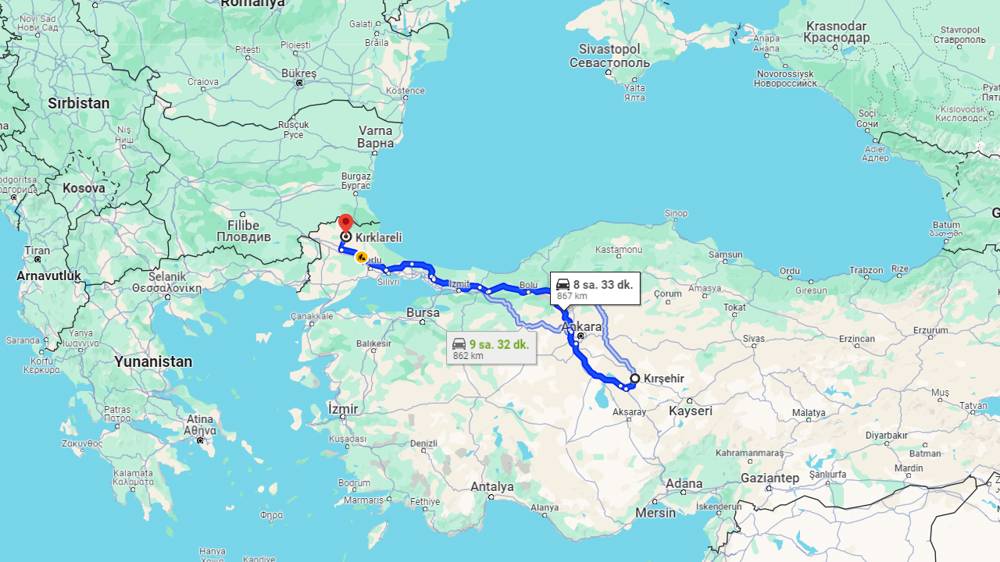 Kırşehir Kırklareli arası kaç km? Kırklareli Kırşehir arası kaç saat?