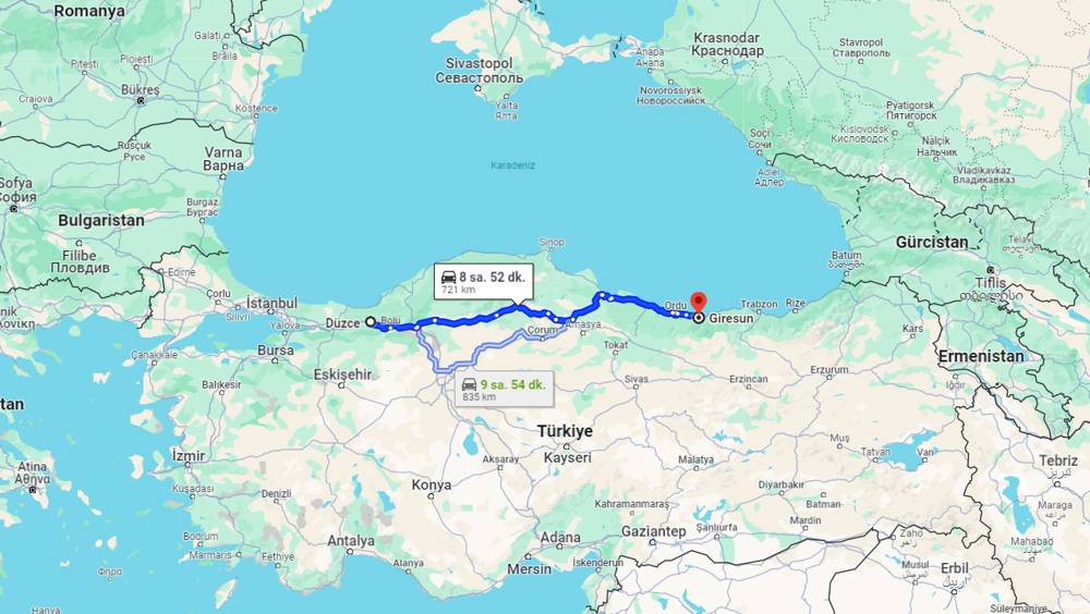 Düzce Giresun arası kaç km? Giresun Düzce arası kaç saat?