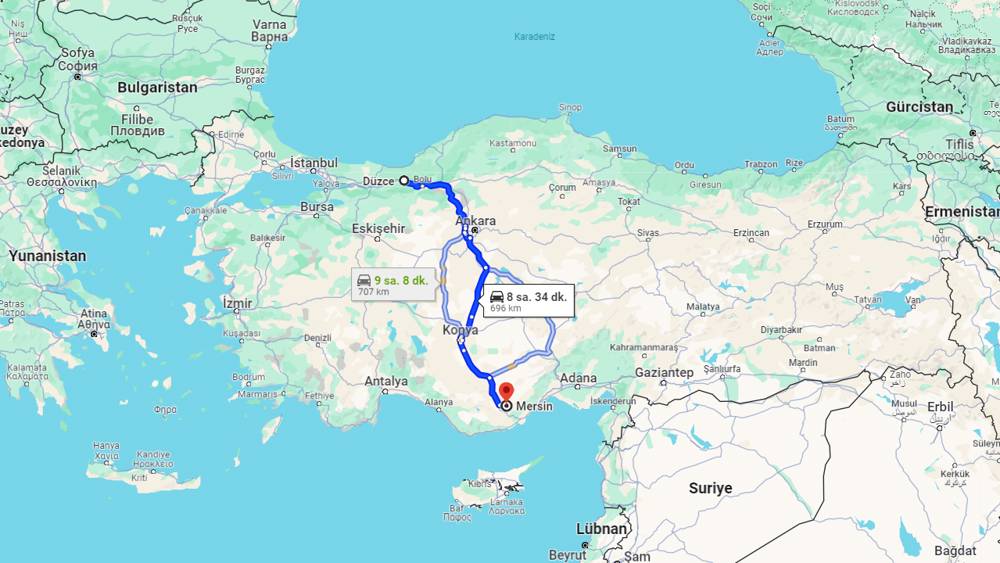 Düzce Mersin arası kaç km? Mersin Düzce arası kaç saat?