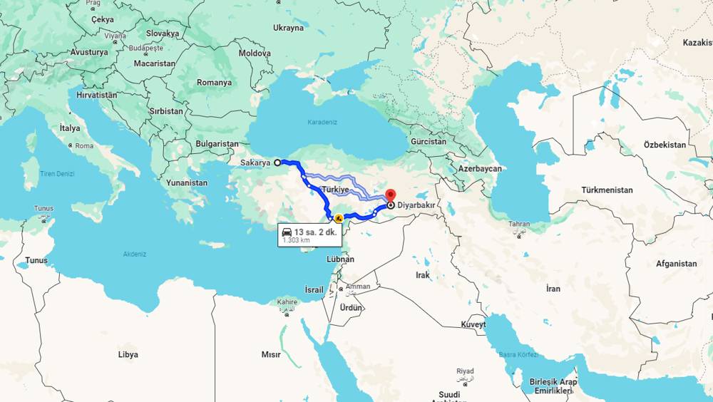 Sakarya Diyarbakır arası kaç km? Diyarbakır Sakarya arası kaç saat?