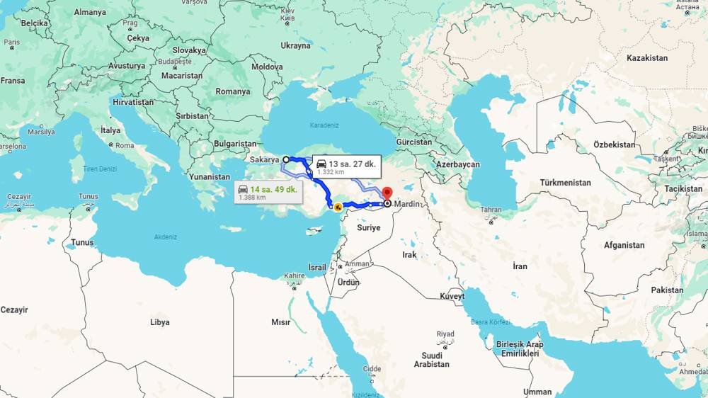 Sakarya Mardin arası kaç km? Mardin Sakarya arası kaç saat?