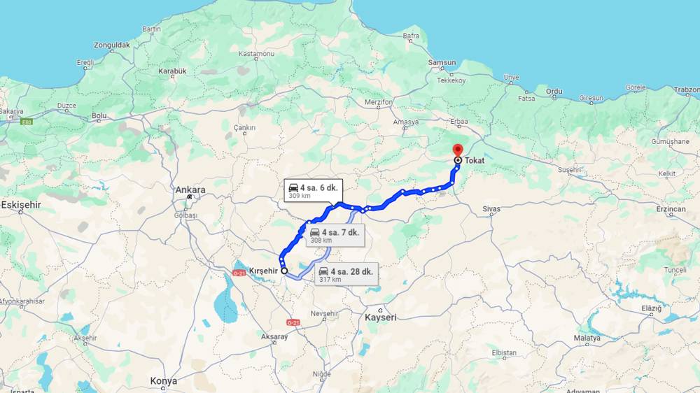 Kırşehir Tokat arası kaç km? Tokat Kırşehir arası kaç saat?