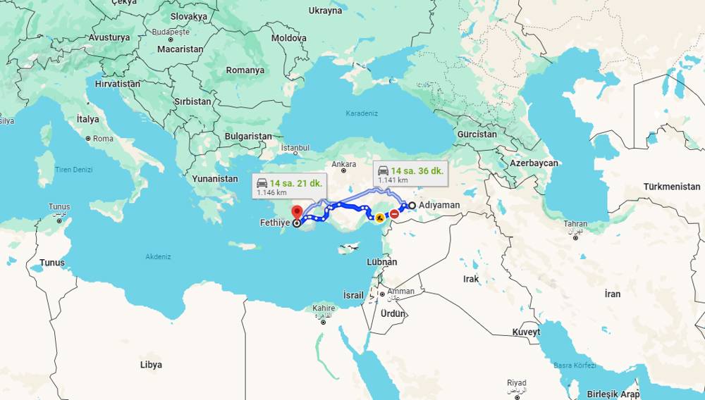 Adıyaman Fethiye arası kaç km? Fethiye Adıyaman arası kaç saat?